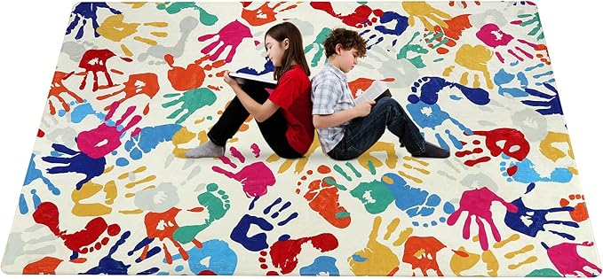 Large Kids Rug for Playroom, 8'x10' Handprints and Footprints Colorful Rug for Classroom, Non-Slip Washable Rug for Nursery, Soft Throw Carpet Indoor Playmat for Kids Room Dorm Bedroom - LeafyLoom