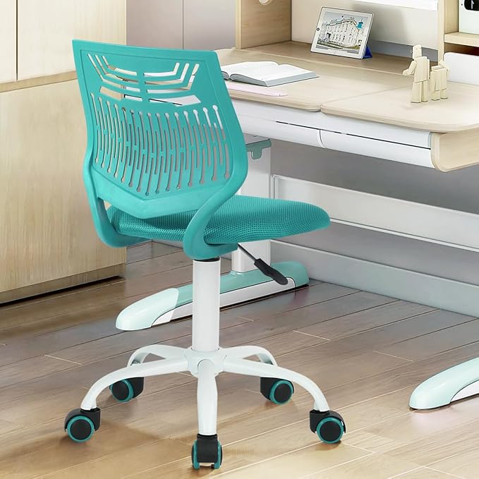 FurnitureR Desk Chair Armless Home Office Task Chair with Mesh Padded Cushion Swivel Study Chair with Rolling Wheels for Kids Teens Children, Turquoise - LeafyLoom