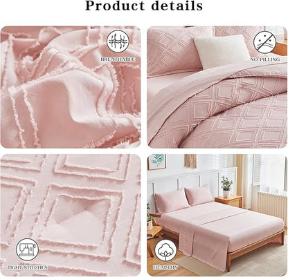 6 Pieces Tufted Bed in a Bag Twin Comforter Set with Sheets Blush, Soft and Embroidery Shabby Chic Boho Bohemian, Luxury Solid Color with Diamond Pattern, Jacquard Tufts Bedding Set for Kids Girls - LeafyLoom