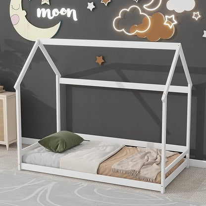 Twin Size Wood House Bed,Wood Platform Bed with Storage Shelves and Hanger,Floor Twin Size Montessori Bed Frame, Kids Boys Girls Bedroom,Living Room,No Box Spring Required,White - LeafyLoom