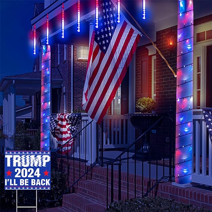 Kwaiffeo 4th of July Decorations Outdoor, Red White Blue Meteor Shower Lights for Independence National Memorial Day, Patriotic Flag Lights for 2024 American President Election Campaign, 8 Tubes Kwaiffeo