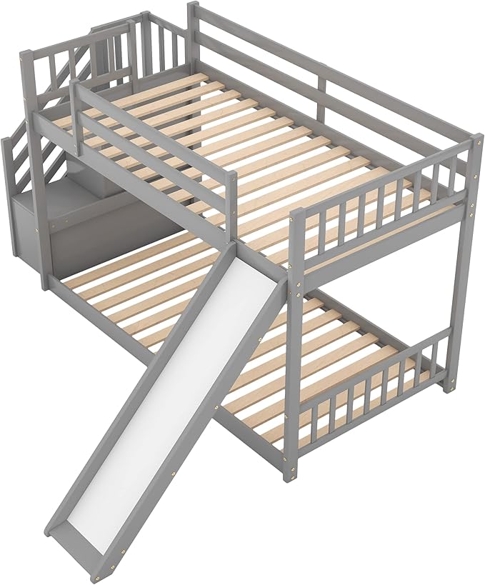 Twin Bunk Bed with Convertible Slide and Stairs, Wooden Low BunkBed Frame for Kids Teens Bedroom, Dorm, Gray - LeafyLoom