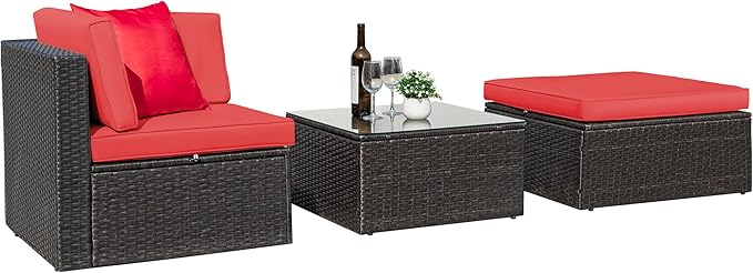 Greesum 3 Piece Patio Conversation Set Wicker Rattan Furniture Outdoor Sofa with Cushions,Pillows & Glass Table for Porch,Lawn and Yard, Red - LeafyLoom