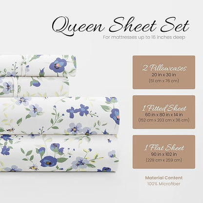 Linen Market 4 Piece Queen Sheet Set (Light Blue Floral) - Sleep Better Than Ever with These Ultra-Soft & Cooling Bed Sheets for Your Queen Size Bed - Deep Pocket Fits 16" Mattress - LeafyLoom