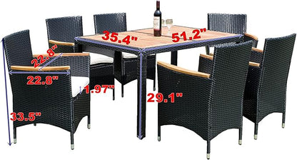 7-Piece Outdoor Dining Table Set with Acacia Wood TableTop and 6 Chairs, Rattan Wicker Patio Furniture for Garden Backyard Poolside, Onesize, Black - LeafyLoom