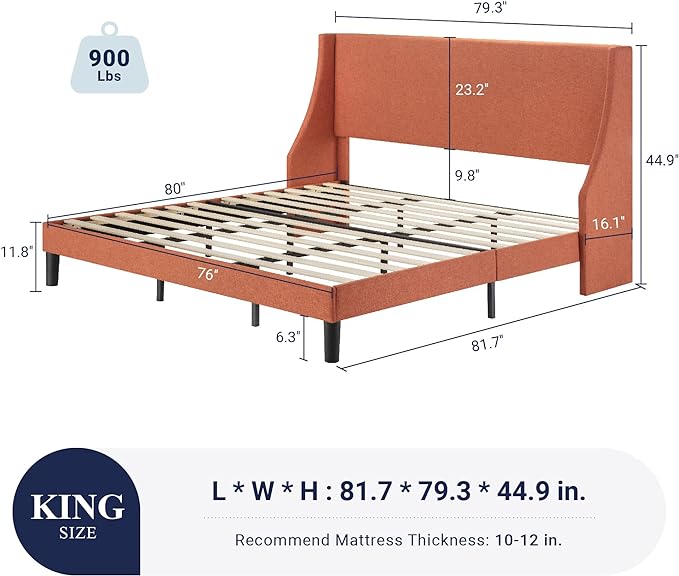 Allewie King Size Bed Frame, Platform Bed Frame with Upholstered Headboard, Modern Deluxe Wingback, Wood Slat Support, Mattress Foundation, Burnt Orange - LeafyLoom