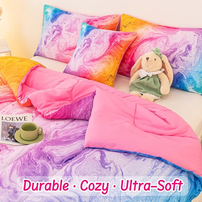 4 Pcs Tie Dye Twin Comforter Set for Girls, Watercolor Marble Abstract Art Superior Kids Bedding Sets Twin Size, Pink Purple Blue Colorful Teenage Girls Comforter Sets - LeafyLoom