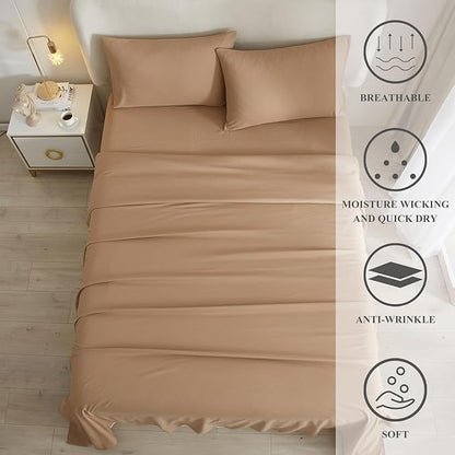 HighBuy Camel Beige Full Size Sheet Set Extra Soft Deep Pocket Sheets Set,4 Piece Bed Sheets Set Fit 16 Mattress,Wrinkle,Fade,Stain Resistant Cooling Bed Sheets,Pillowcases Set (Full,Camel Beige) - LeafyLoom