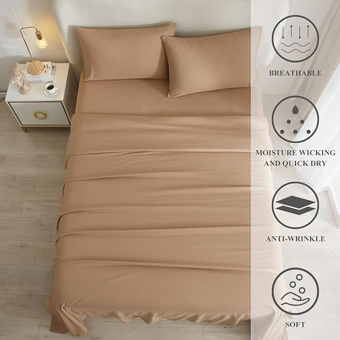 HighBuy Twin XL Size Sheet Sets Camel Beige - 3 Piece Bed Sheets and Pillowcase Set for Twin XL Bed Mattress - Cooling Sheets Soft Deep Pocket Sheets,Fitted Sheets,Twin XL Bed Sheets,Camel Beige - LeafyLoom