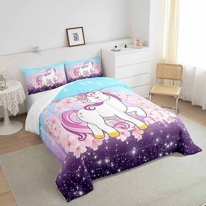 Unicorn Comforter Set King, Kids Unicorn Floral Bedding for Girls Boys Children Bedroom Decor, Cherry Blossoms Glitter Down Comforter Galaxy Kawaii Quilt Set with 1 Pillowcase, Blue Purple Ombre - LeafyLoom