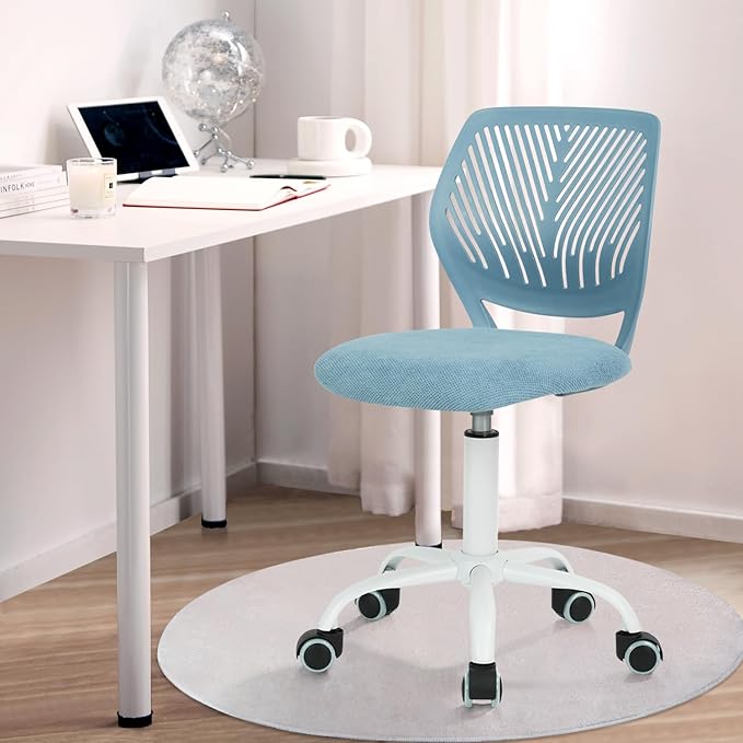 FurnitureR Kids Desk Chair, Small Mid Back Adjustable Swivel Computer Task Study Chair for Student, Fabric Armless Cute Rolling Children Office Chair, Light Blue - LeafyLoom