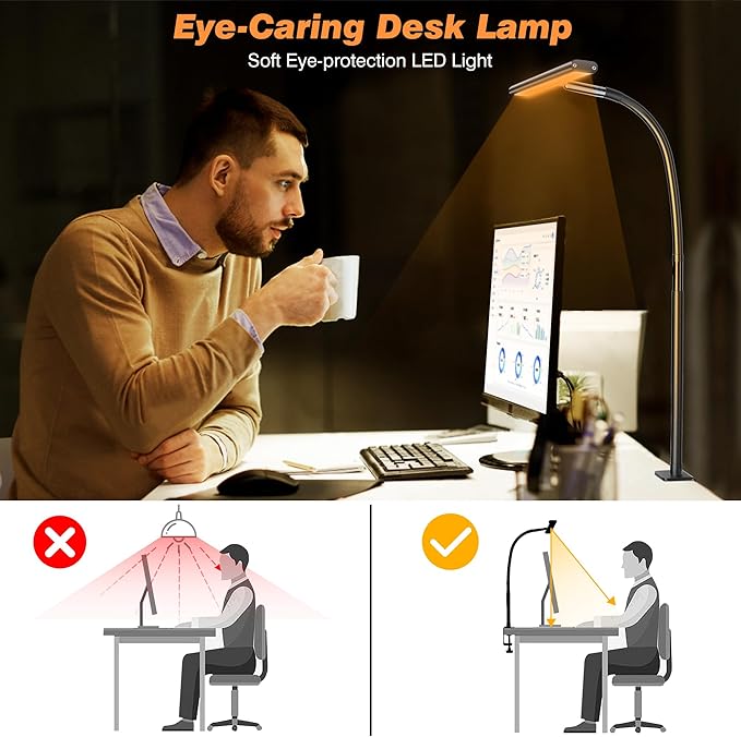 LED Desk Lamp for Office Home, Eye-Caring Desk Light with Stepless Dimming Adjustable Flexible Gooseneck, 10W USB Adapter Desk Lamp with Clamp for Reading, Study, Workbench (Black) - LeafyLoom