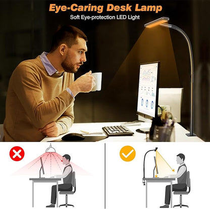 LED Desk Lamp for Office Home, Eye-Caring Desk Light with Stepless Dimming Adjustable Flexible Gooseneck, 10W USB Adapter Desk Lamp with Clamp for Reading, Study, Workbench (Black) - LeafyLoom