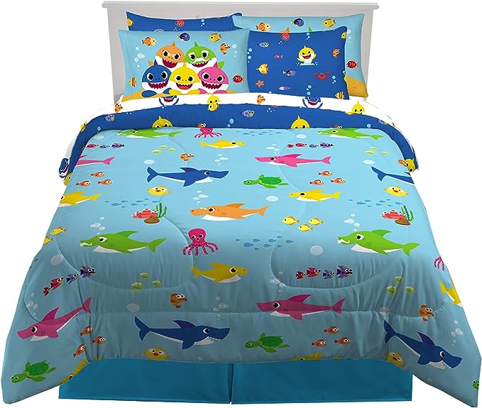 Franco Kids Bedding Super Soft Comforter and Sheet Set with Sham, 7 Piece Full Size, Baby Shark - LeafyLoom