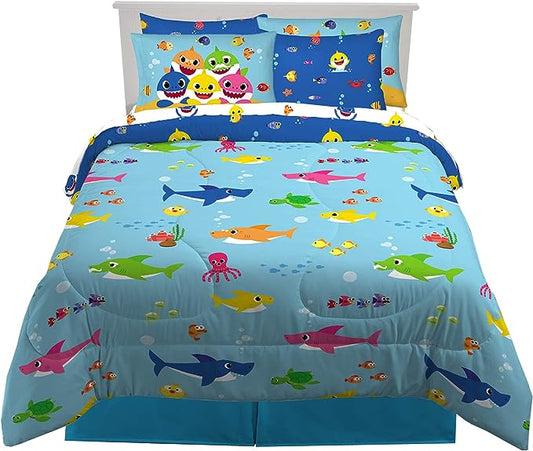 Franco Kids Bedding Super Soft Comforter and Sheet Set with Sham, 7 Piece Full Size, Baby Shark - LeafyLoom