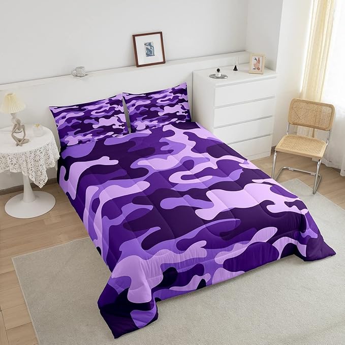 Full Size Camouflage Comforter Set 3Pcs Kids Bedding Set for Boys Girls Teens 1 Comforter & 2 Pillowcases(Full,Purple) Boys - LeafyLoom