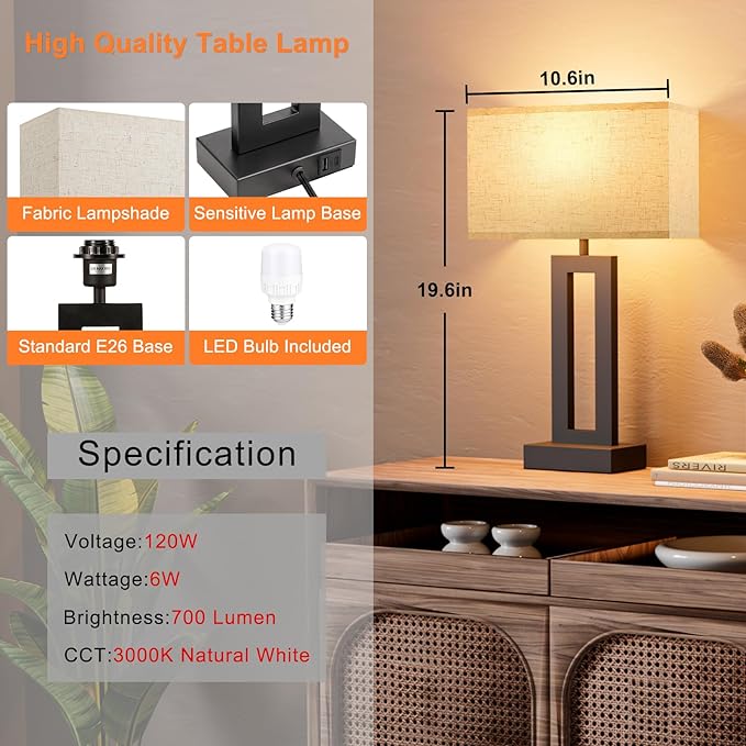 Nightstand Table Lamps for Bedrooms Set of 2 - Touch Bedside Lamp with USB C+A, 3 Way Dimmable Living Room Lamps for End Tables Set of 2, Modern Night Stand Lamps for Bed Side Guest Room(Cream) - LeafyLoom