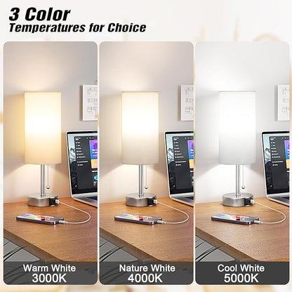 White Table Lamp for Bedroom Nightstand - Small Lamp with USB A + C Charging Port, 3 Color Temperatures Pull Chain Night Stand Light, Silver Base Desk Reading Lamp for Living Room - LeafyLoom