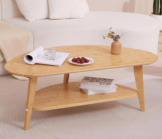 Mid Century Modern Coffee Table with Storage Shelf, Large Oval Coffee Table for Living Room 41.5" W x 22'' D x 18 H 100% Solid Wood Table for House Apt Desktop Thickness 0.8'' Super Sturdy - LeafyLoom