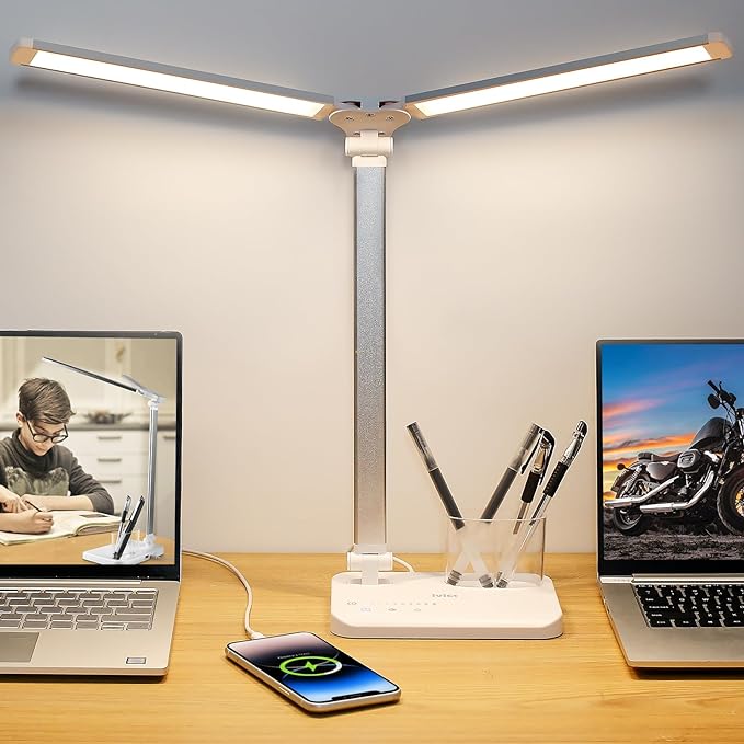 iVict Dual Swing Arm LED Desk Lamps, 5 Light Modes x 10 Brightness Levels Desk Light with USB Charging Port, 45 Minutes Auto Timer Table Lamp, Desk Lamp for Home Office, Bedroom, Reading/Study - LeafyLoom