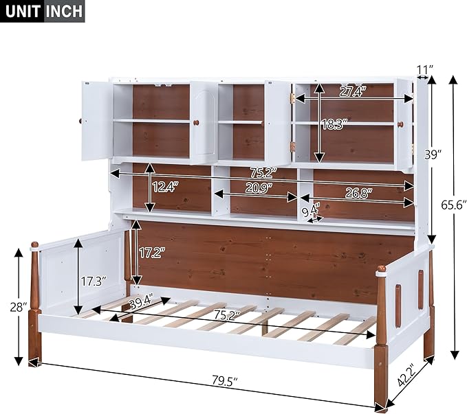 Twin Size Platform Bed with Multiple Storage, No Box Spring Required,Easy to Assemble,Wood Bed Frame for Bedroom/Apartment/Guest-Room,White+Walnut - LeafyLoom