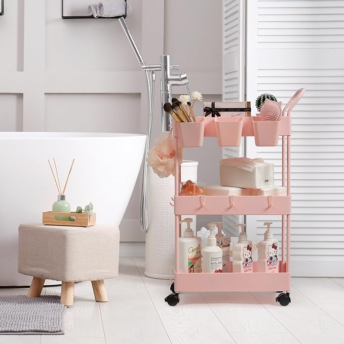 danpinera Slim Storage Cart, 3 Tier Narrow Rolling Cart on Wheels Bathroom Organizer Cart with Dividers Handle Hanging Cups Hooks for Laundry Room Kitchen Small Spaces, Pink - LeafyLoom