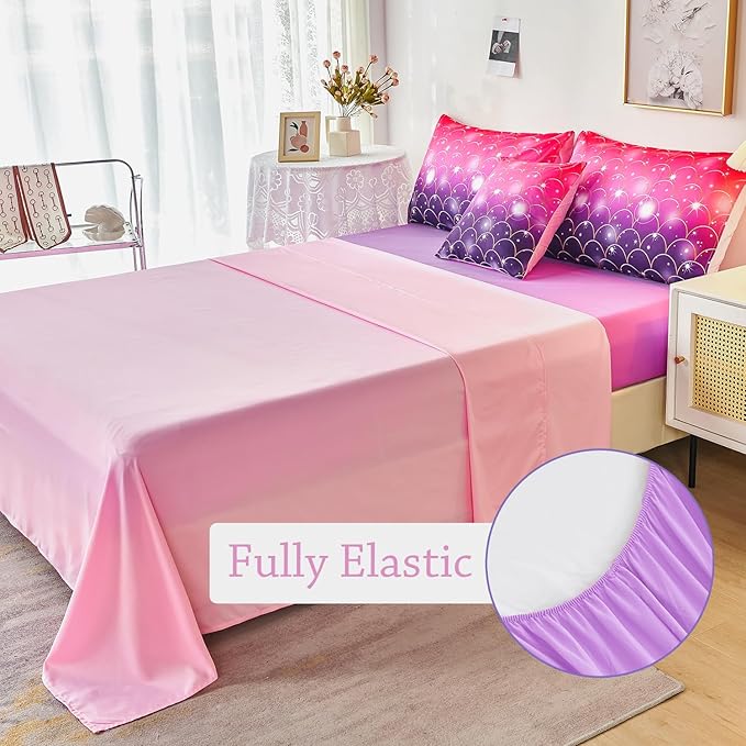 URBONUR Purple Glitter Comforter Set Queen Size for Girls 6 Piece Bed in A Bag Comforter with Sheets Set, Gradient Pink Purple Sparkle Mermaid Fish Scales Bedding Comforter Set - LeafyLoom