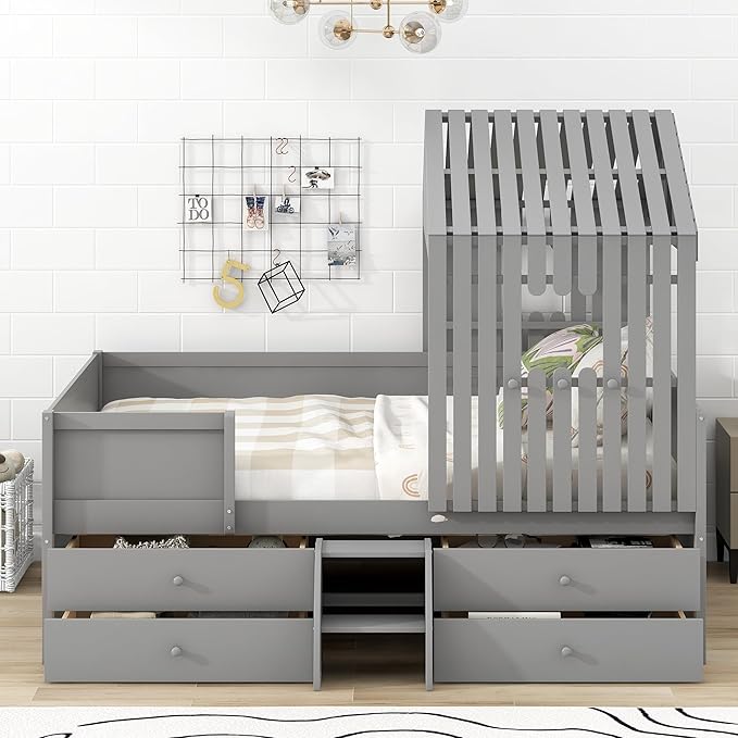 Full Size Low Loft Bed, Wooden House Shaped Loft Bed Frame with 4 Storage Drawers for Kids Teens Boys Girls, Easy Assembly, No Box Spring Needed, Gray - LeafyLoom