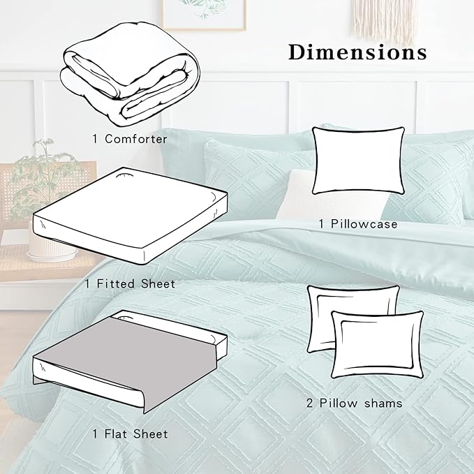 6 Pieces Tufted Bed in a Bag Twin Comforter Set with Sheets Green, Soft and Embroidery Shabby Chic Boho Bohemian Design, Luxury Solid Color with Diamond Pattern, Jacquard Tufts Bedding Set for Kids - LeafyLoom