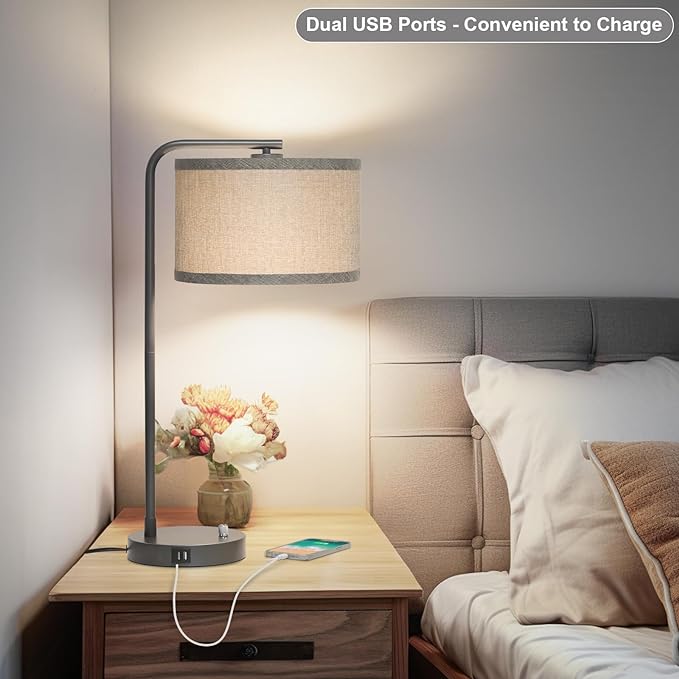 Gray Bedside Lamp with Dual USB Charging Ports, Fully Dimmable Modern Nightstand Lamp with Grey Fabric Shade, Tall Reading Lamp Desk Lamp for Bedroom Living Room Office with 3000K LED Bulb - LeafyLoom