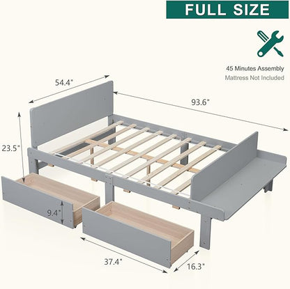 Dolonm Full Bed Frames for Kids with 2 Drawers, Storage Platform Bed with Footboard Bench, Twin Kids Bed Headboard Frame Pine Wood, High Stable, No Box Spring Needed, Twin Bed for Kids, Grey - LeafyLoom