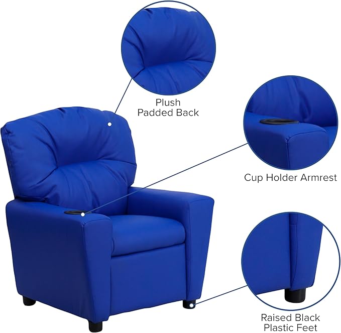 Flash Furniture Chandler Vinyl Kids Recliner with Cup Holder and Safety Recline, Contemporary Reclining Chair for Kids, Supports up to 90 lbs., Blue - LeafyLoom