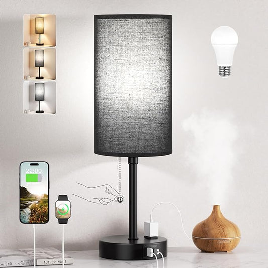 Dicoool 18Inch Tall Bedroom Lamps with USB C and A Ports 3 Color Temperatures - Pull Chain Black Nightstand Bedside Table Lamp with AC Outlet, Side Lamp for Living Room End Table - LeafyLoom