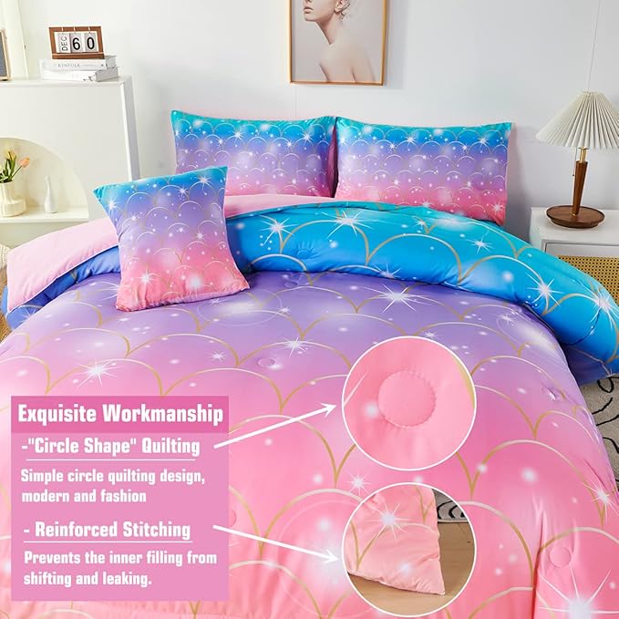 PERFEMET Pink Purple Mermaid Comforter Queen Size 6 Pieces Girls Bedding Set Colorful Rainbow Ombre Bed in A Bag Mermaid Scale Print Queen Comforter Set with Sheets - LeafyLoom