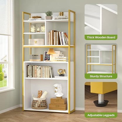 White Industrial Bookshelf, 6 Tier Tall Bookshelves Wood and Gold Metal Frame Standing Bookcase, Display Book Shelf with Adjustable Storage Shelves for Home Office, Living Room, Bed Room, White - LeafyLoom