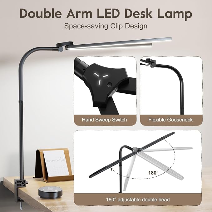 Brightown LED Desk Lamp for Office Home, 24W Double Head Architect Desk Lamp with Clamp, Remote Control, Hand Sweep Switch, Stepless Lighting, Flexible Gooseneck Dimming Table Light - LeafyLoom