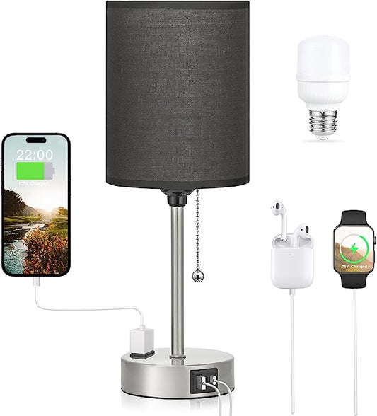 Dicoool Black Table Lamp for Bedroom - 3 Color Temperature Bedside Lamp with USB C and A Ports, Pull Chain Lamp for Bedroom with AC Outlet, Nightstand Lamp with Silver Metal Base for Kids Boys - LeafyLoom