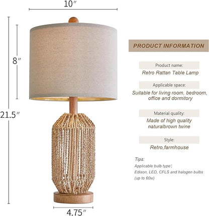 OYEARS 21" Boho Table Lamp for Living Room, Bedside Lamp for Nightstands, Rattan Lamp for Bedroom, Farmhouse Table Lamp for Room Decor, End Table, Retro, Brown, 1 Pack - LeafyLoom