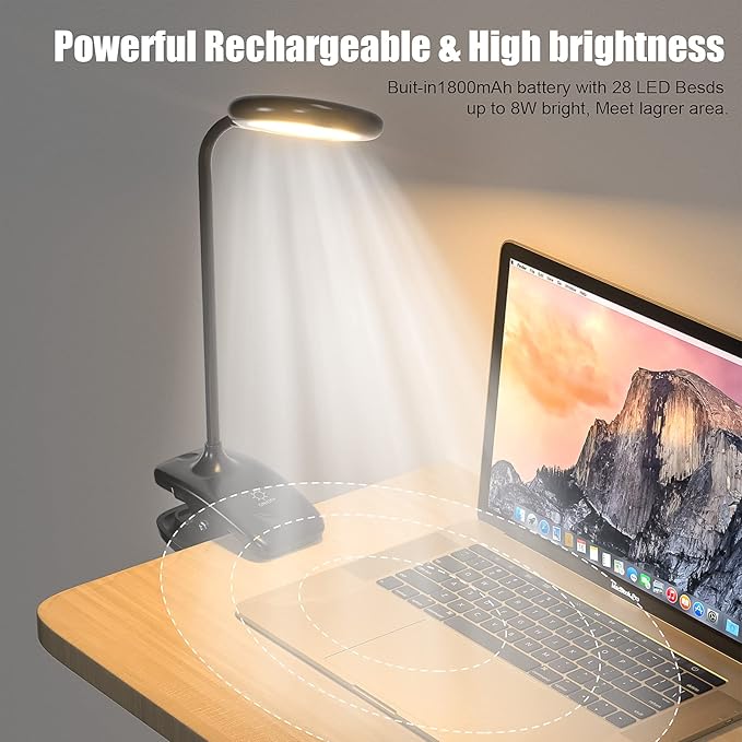 DEEPLITE LED Desk Lamp Clip on Lamp Battery Powered Clip on Light Book Light for Bed, Eye-Caring Flexible Arm Memory Touch 3 Color Modes & Stepless Brightness Portable Reading Light for Study Work. - LeafyLoom