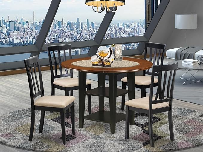 East West Furniture SUAN5-BCH-C 5 Piece Kitchen Table & Chairs Set Includes a Round Dining Table with Dropleaf & Shelves and 4 Linen Fabric Dining Room Chairs, 42x42 Inch, Black & Cherry - LeafyLoom