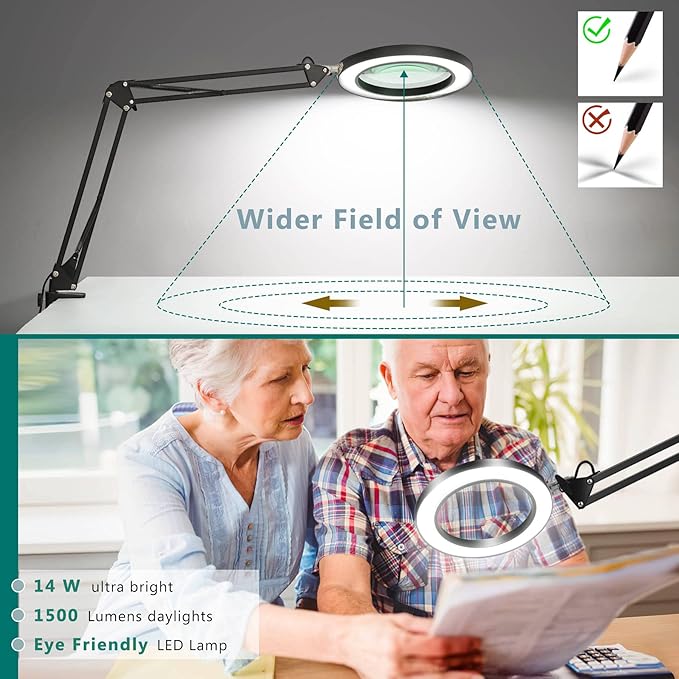 8X Magnifying Glass with Light, 5 Inches Real Glass Lens LED Desk Lamp with Clamp, 3 Color Modes Stepless Dimmable Lighted Magnifier with Light and Stand for Reading Crafts Repair Close Works - Black - LeafyLoom