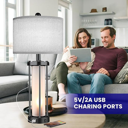 Table Lamps for Living Room Set of 2,26" Tall Bedside Farmhouse Table Lamps with LED Lantern Nightlight,Bedroom Nightstand Lamps with Dual USB Port Grey Fabric Shade (Bulbs Included) - LeafyLoom