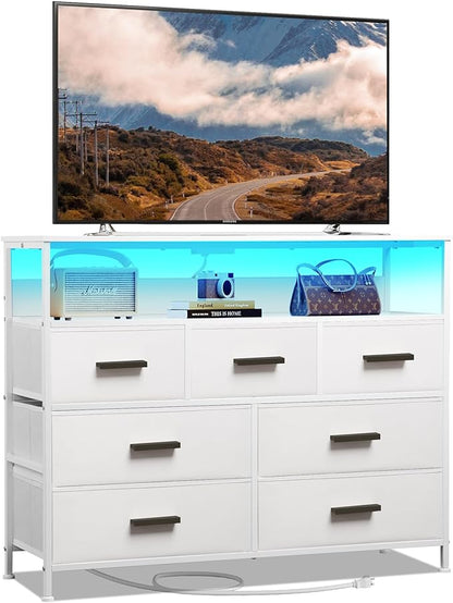 Dresser TV Stand with 7 Drawers, Dresser TV Stand with LED Lights & Power Outlets, Bedroom Dresser, Chest of Drawers up to 45'' Long TV, Wide Fabric Dresser with Open Shelf (White) - LeafyLoom