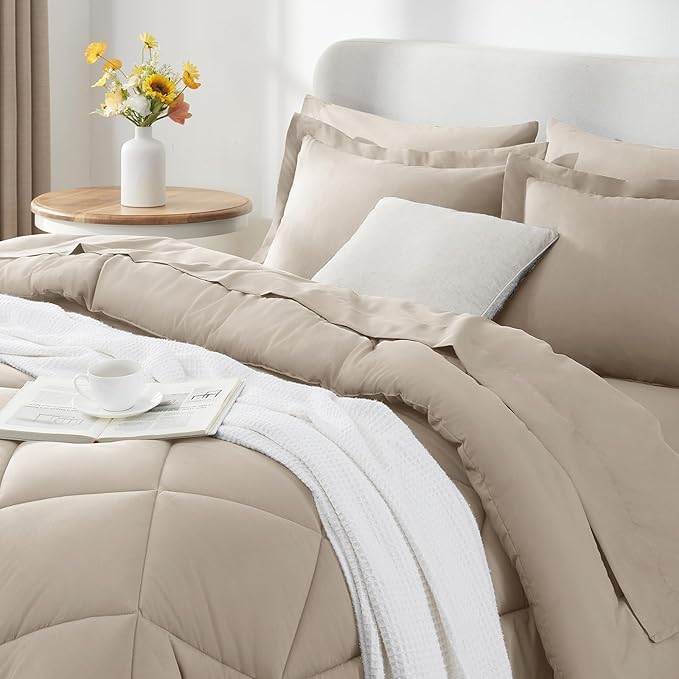 CozyLux Full Comforter Set with Sheets 7 Pieces Bed in a Bag Oatmeal All Season Bedding Sets with Comforter, Pillow Shams, Flat Sheet, Fitted Sheet and Pillowcases - LeafyLoom