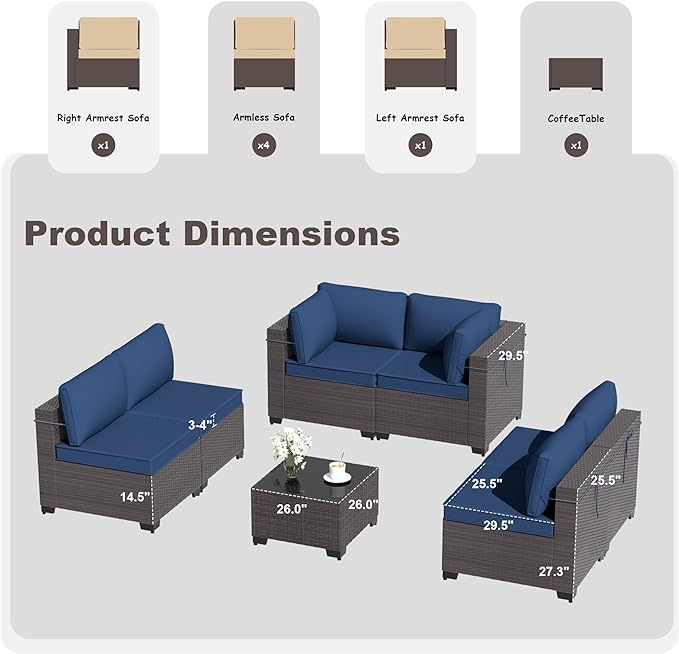 Patio Furniture Set 7-Pieces Outdoor Furniture for Backyard Wicker Sectional Sofa Set, Rattan Patio Conversation Set with Thickened Cushions and Glass Coffee Table, Navy Blue - LeafyLoom