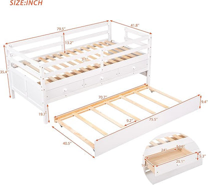 Merax Twin Modern Wood Daybed with Trundle Bed and Drawers Sofa Bed Frame for kids Boys Girls/No Box Spring Needed White - LeafyLoom