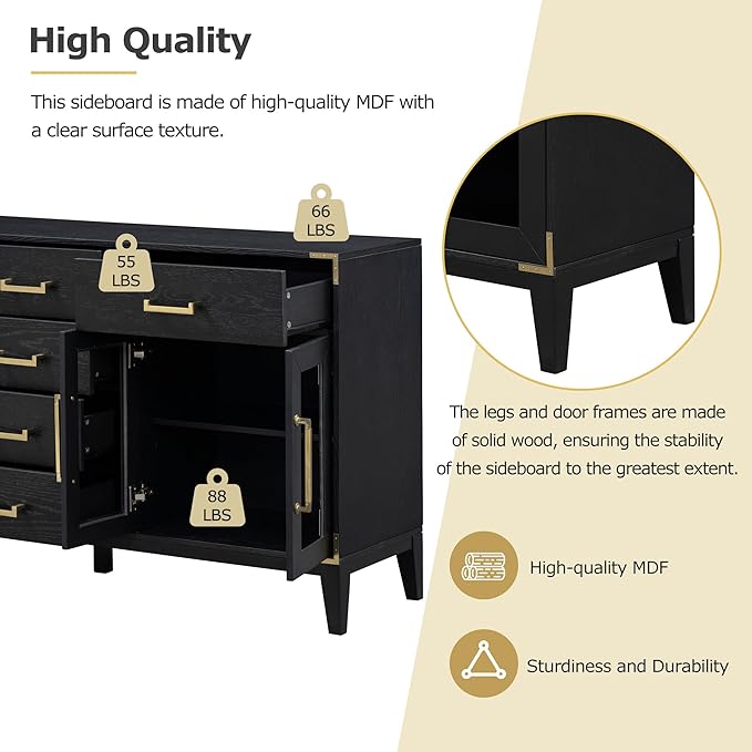 60" Retro Sideboard with 6-Drawer and 2-Cabinet,Multifunctional Buffet,w/Gold Handles & Solid Wood Legs,Extra Large Storage Space,for Kitchen and Living Room,Black - LeafyLoom