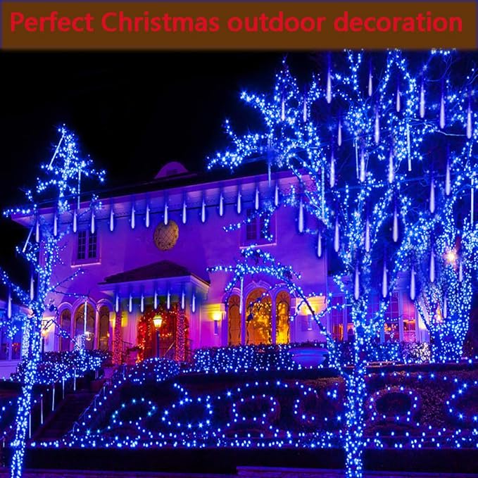 Kwaiffeo Christmas Lights, Meteor Shower Lights 12 inch 8 Tube Rain Falling Icicle Cascading Lights for Xmas Tree Halloween Decoration Wedding Party, Christmas Decorations Outdoor Yard, UL Plug Blue Kwaiffeo