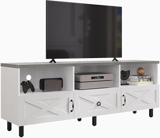 YITAHOME Mid-Century Modern TV Stand for 70/65/60/55 inch, Boho Wood TV Table Farmhouse Media Console with Storage Cabinet and Open Shelves for Living Room, Bedroom, 65 inch, White/Grey - LeafyLoom