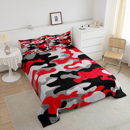 Feelyou Twin Size Camouflage Comforter Set 3Pcs Kids Bedding Set for Boys Girls Teens 1 Comforter & 2 Pillowcases(Twin,Red Black) - LeafyLoom